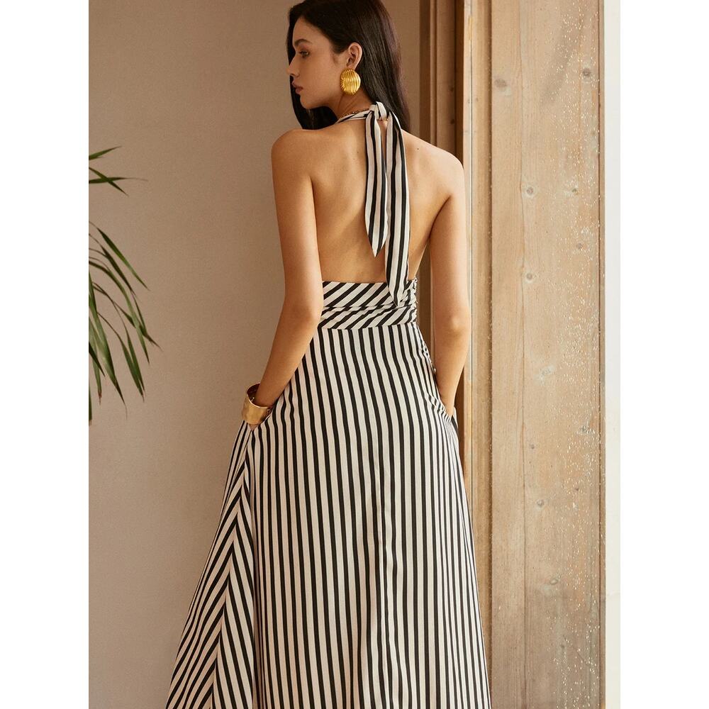 NWT Commense Striped Halter Neck Plunging Maxi DressSize S - Picture 2 of 10